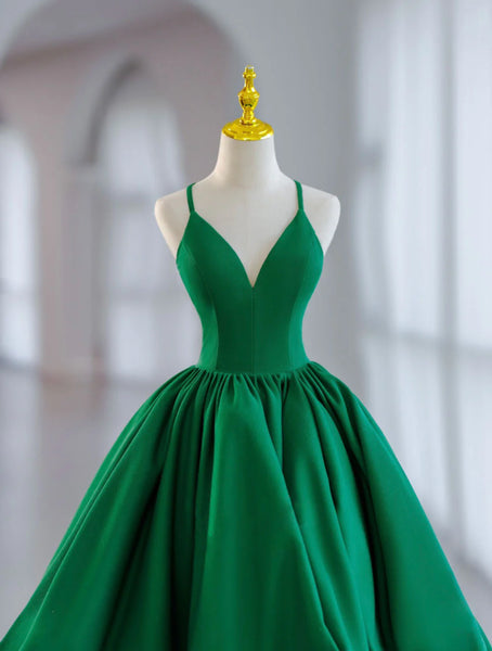 Green V Neck Satin Short Prom Dress, A Line Green Evening Dress