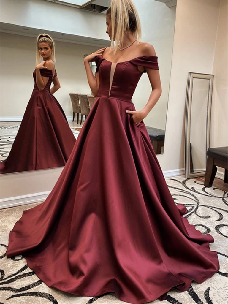 Burgundy Off Shoulder Satin Long Prom Dresses, Burgundy Off The Shoulder Satin Long Formal Evening Dresses