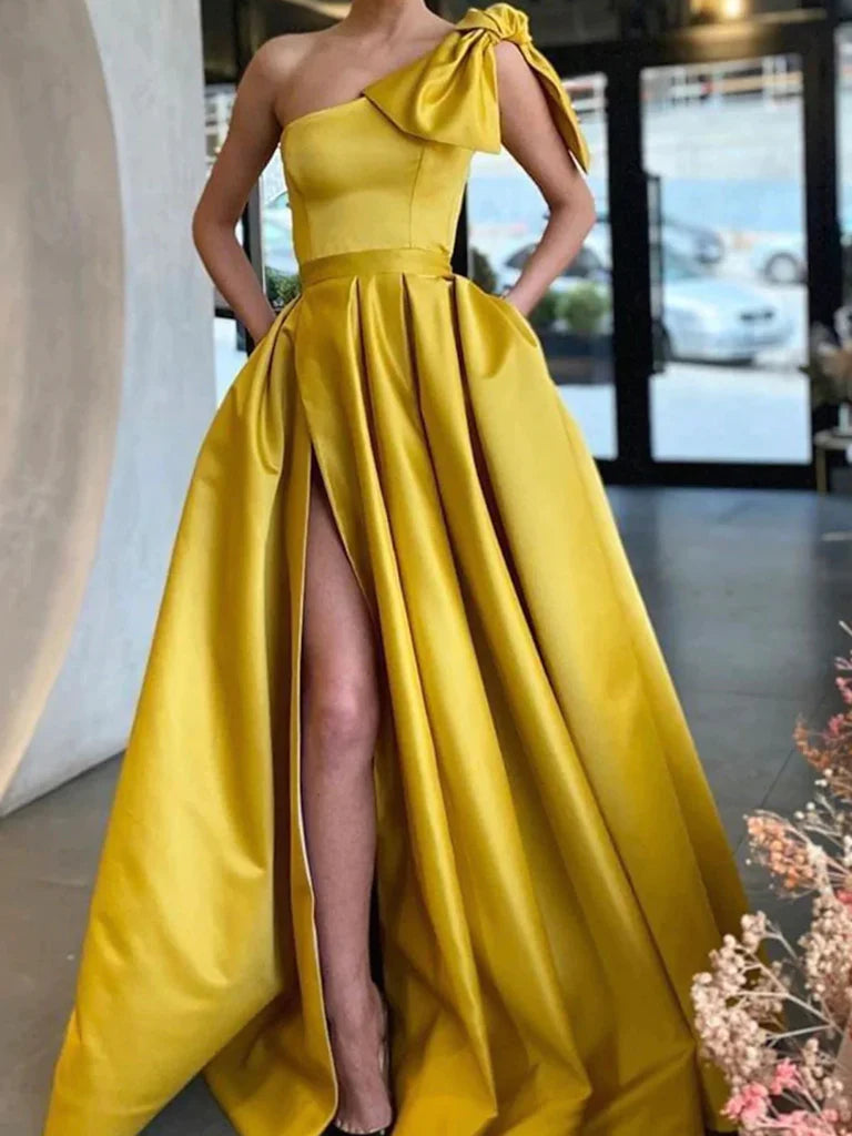 One Shoulder Yellow Satin Long Prom Dresses, One Shoulder Yellow Satin Long Formal Evening Dresses