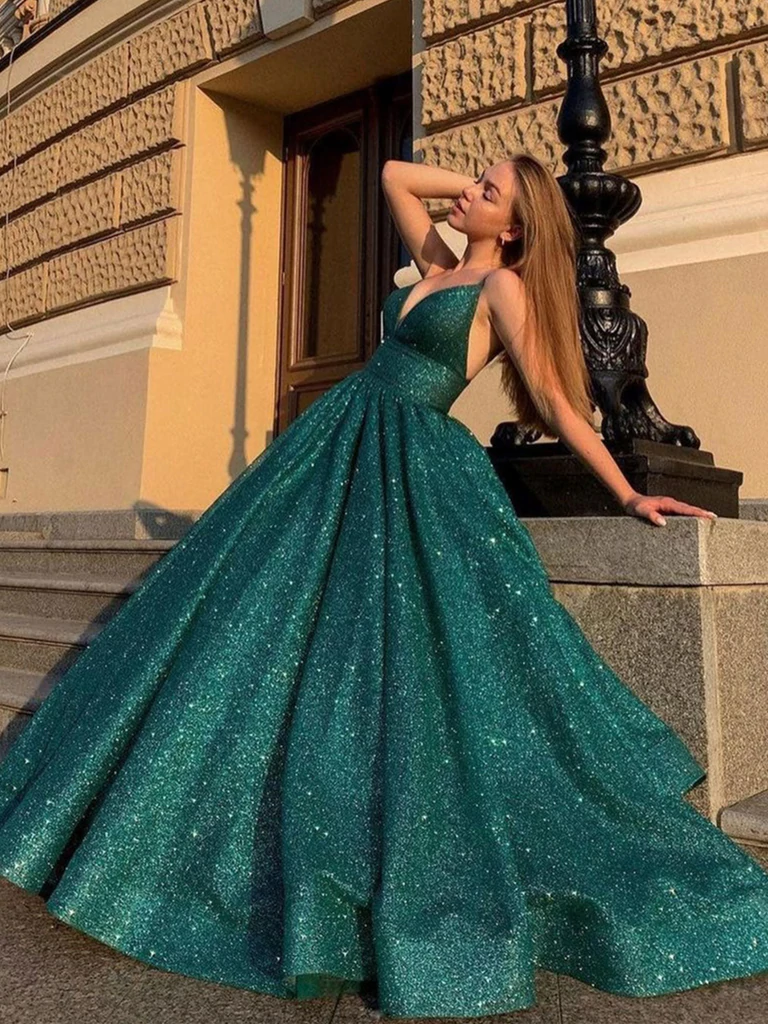 Shiny V Neck Green Prom Dresses, V Neck Long Green Formal Graduation Dresses Shiny V Neck Green Prom Dresses, V Neck Long Green Formal Graduation Dresses