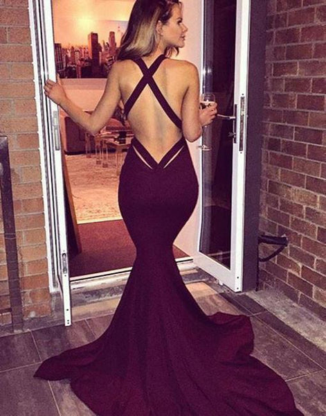 Custom Made V Neck Backless Maroon Prom Dress with Train, Maroon Formal Dress