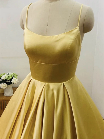 A Line Yellow Satin Long Prom Dresses, Yellow Satin Long Formal Evening Dresses