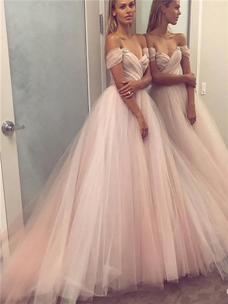 Off shoulder ball gown tulle beaded prom dresses, Light pink sleeveless evening dresses