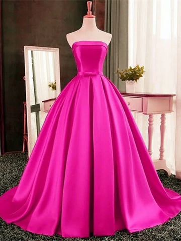Sexy Pink Strapless Satin Long Ball Gowns Prom Dresses,  Pink Strapless Satin Long Formal Evening Dresses