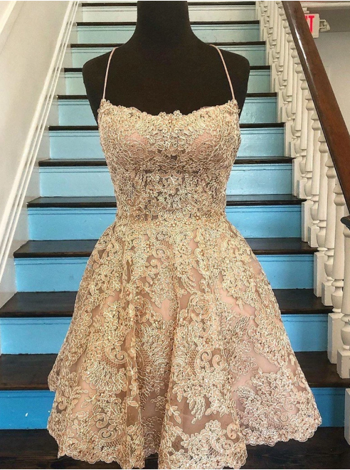 Champagne Backless Lace Short Prom Dresses, Short Lace Formal Graduati morievent Champagne Backless Lace Short Prom Dresses, Short Lace Formal Graduati morievent