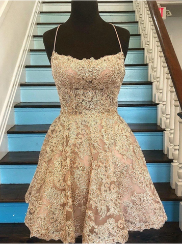 Champagne Backless Lace Short Prom Dresses, Short Lace Formal Graduation Homecoming Dresses