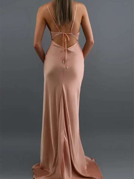 Simple V Neck Blush Mermaid Open Back Spaghetti Straps Long Prom Dresses, Open Back V Neck Blush Mermaid Formal Evening Dresses