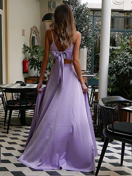 A Line V Neck Purple Two Pieces Satin Lilac Long Prom Dresses with High Leg Slit, Lavender Formal Evening Dresses