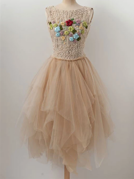 Round Neck Hollow Back Champagne Beaded Hand Made Flower Tulle Short Prom Dresses, Open Back Champagne Beaded Tulle Short Evening Homecoming Dresses