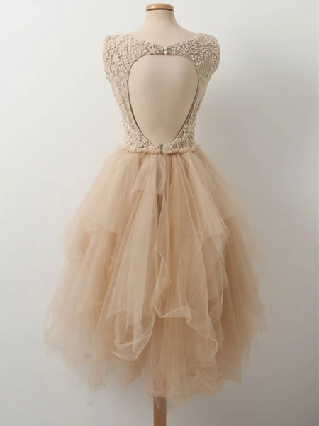 Round Neck Hollow Back Champagne Beaded Hand Made Flower Tulle Short Prom Dresses, Open Back Champagne Beaded Tulle Short Evening Homecoming Dresses