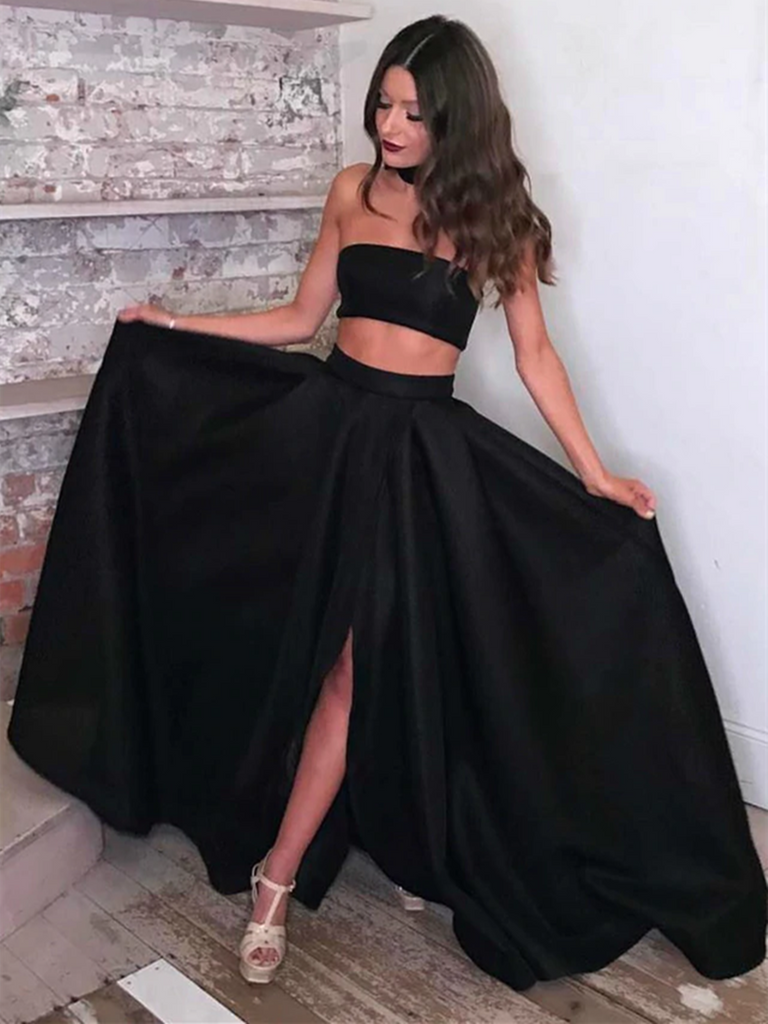 A Line Unique Black Two Pieces Satin Long Prom Dresses with Side