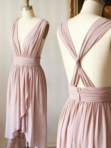V Neck Dusty Pink High Low Chiffon Prom Dresses,  High Low Blush pink Formal Evening Homecoming Dresses, Bridesmaid Dresses with Cross Back