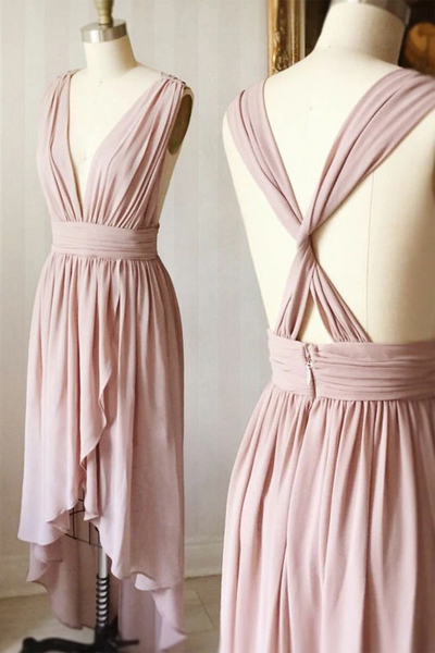 V Neck Dusty Pink High Low Chiffon Prom Dresses,  High Low Blush pink Formal Evening Homecoming Dresses, Bridesmaid Dresses with Cross Back