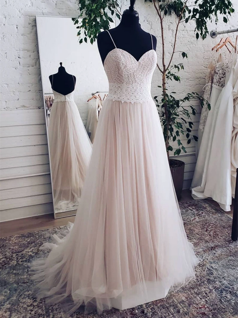 Champagne Backless Sweetheart Lace Tulle Long Prom Dresses, Backless Sweetheart Lace Tulle Long Formal Evening Dresses
