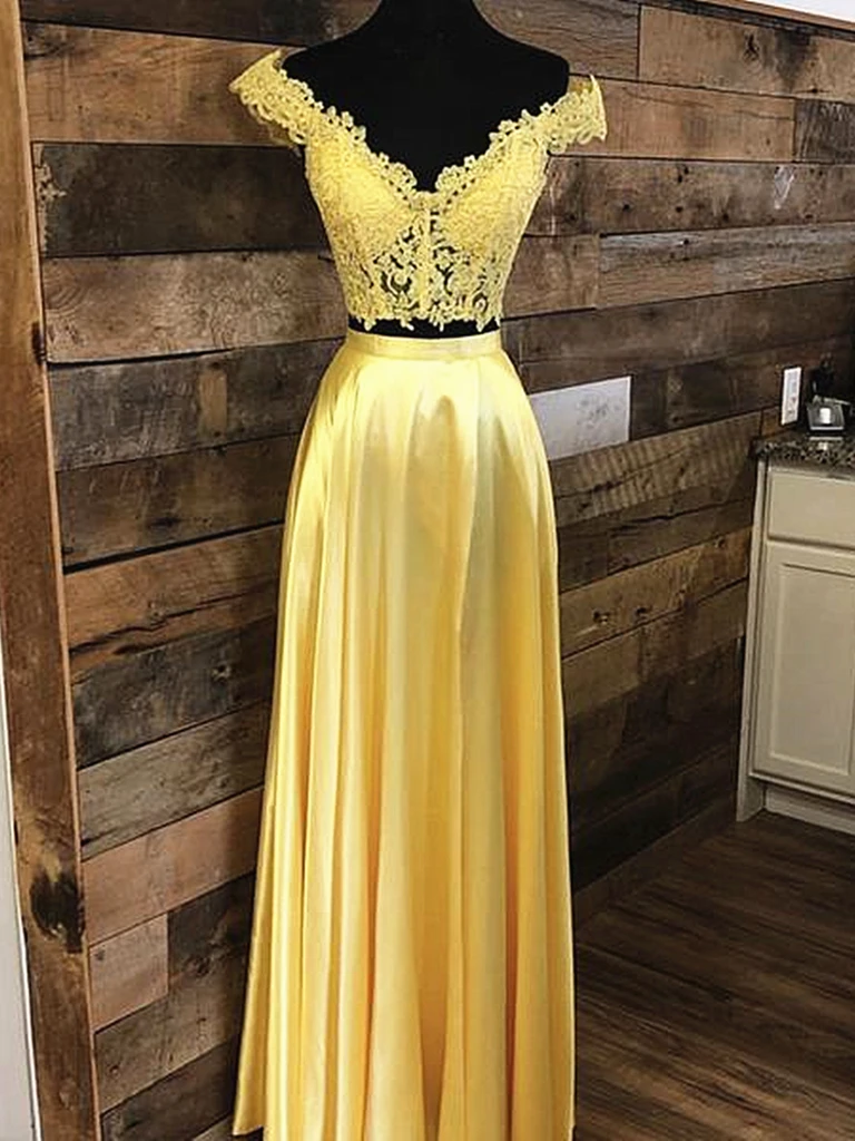 A Line Yellow Lace Two Pieces Off Shoulder Long Prom Dresses, Yellow Lace 2 Pieces Off The Shoulder Formal Evening Dresses