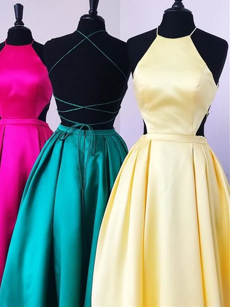 Simple Yellow/Green Backless Satin Long Prom Dresses with Lace up Back, Fashion Yellow/Green Backless Satin Long Winter Formal Dresses