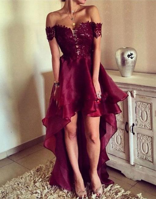 High Low Organza Off Shoulder Maroon Lace Prom Dress, High Low Formal morievent High Low Organza Off Shoulder Maroon Lace Prom Dress, High Low Formal morievent