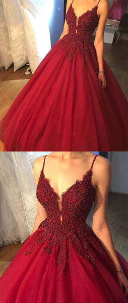 Beaded V Neck Burgundy Prom Dress with Lace Flowers, Burgundy Formal Gown