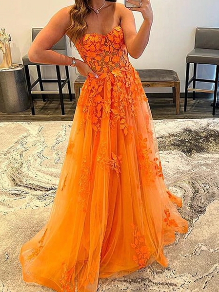 Sweetheart Neck Orange Lace Long Prom Dresses, Sweetheart Neck Orange Lace Formal Graduation Dresses