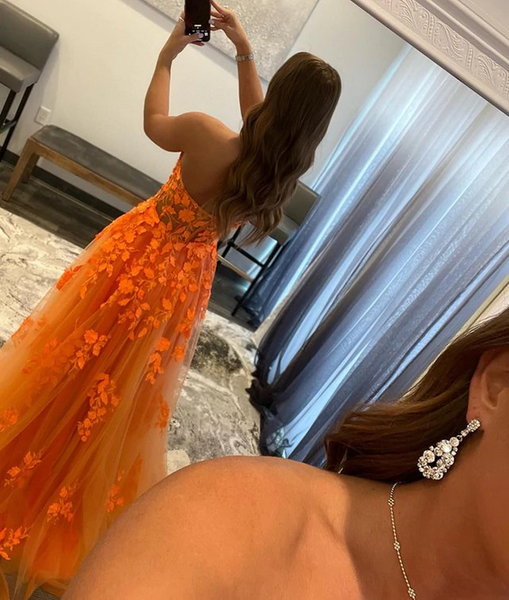 Sweetheart Neck Orange Lace Long Prom Dresses, Sweetheart Neck Orange Lace Formal Graduation Dresses