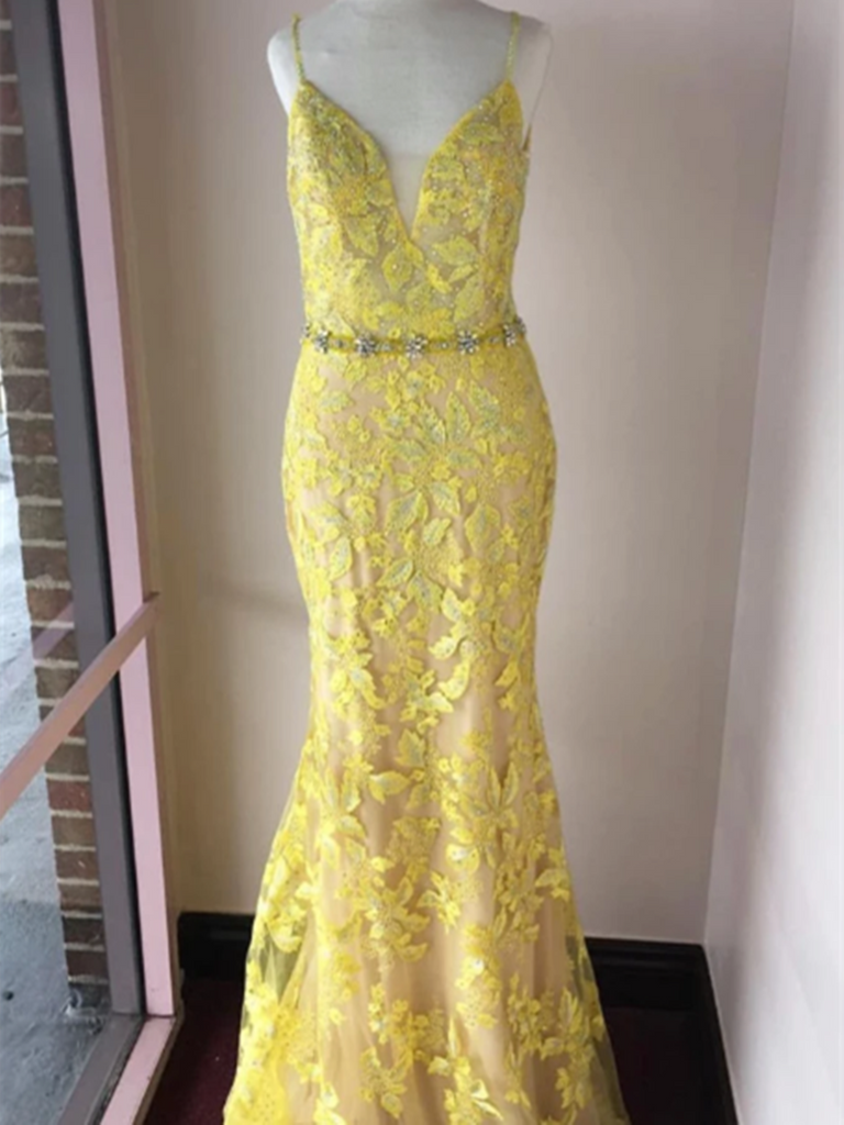 V Neck Trumpet/Mermaid Spaghetti Straps Lace Yellow Long Elegant Prom Dresses, Yellow Mermaid Lace Formal Evening Dresses