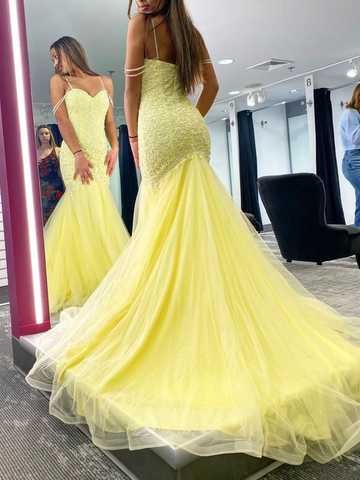 Mermaid Yellow Tulle Lace Long Prom Dresses, Mermaid Yellow Tulle Lace Long Formal Evening Dresses