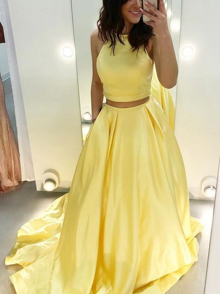 Two piece yellow satin long prom dresses, Two piece yellow formal evening dresses
