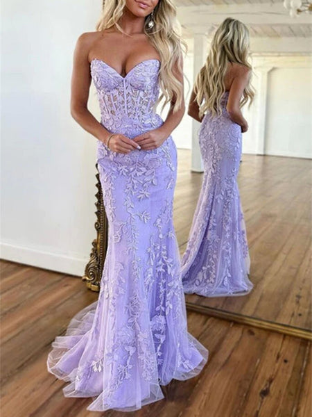 Mermaid Strapless Purple Lace Long Prom Dress, Purple Lace Formal Dress, Long Purple Evening Dress