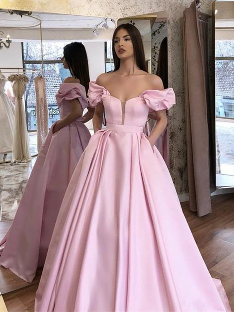 Pink Off Shoulder Long Prom Dresses, Off the Shoulder Pink Ball Gown F morievent Pink Off Shoulder Long Prom Dresses, Off the Shoulder Pink Ball Gown F morievent
