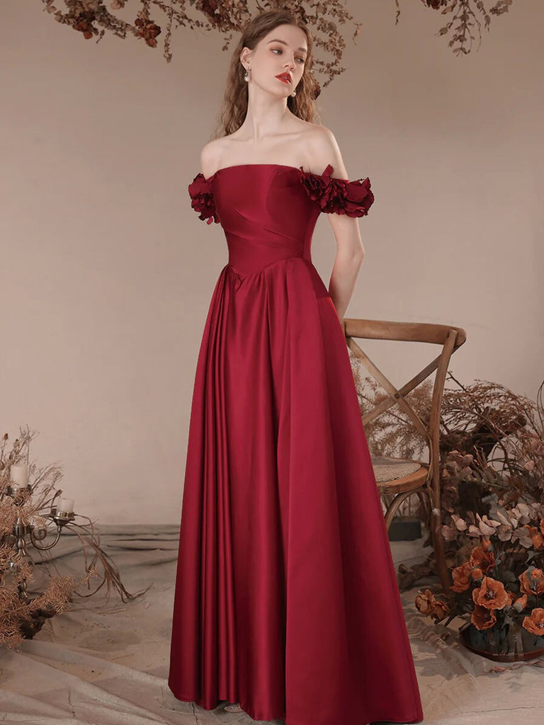 Off Shoulder A Line Burgundy Satin Long Prom Dresses, Burgundy Formal morievent Off Shoulder A Line Burgundy Satin Long Prom Dresses, Burgundy Formal morievent