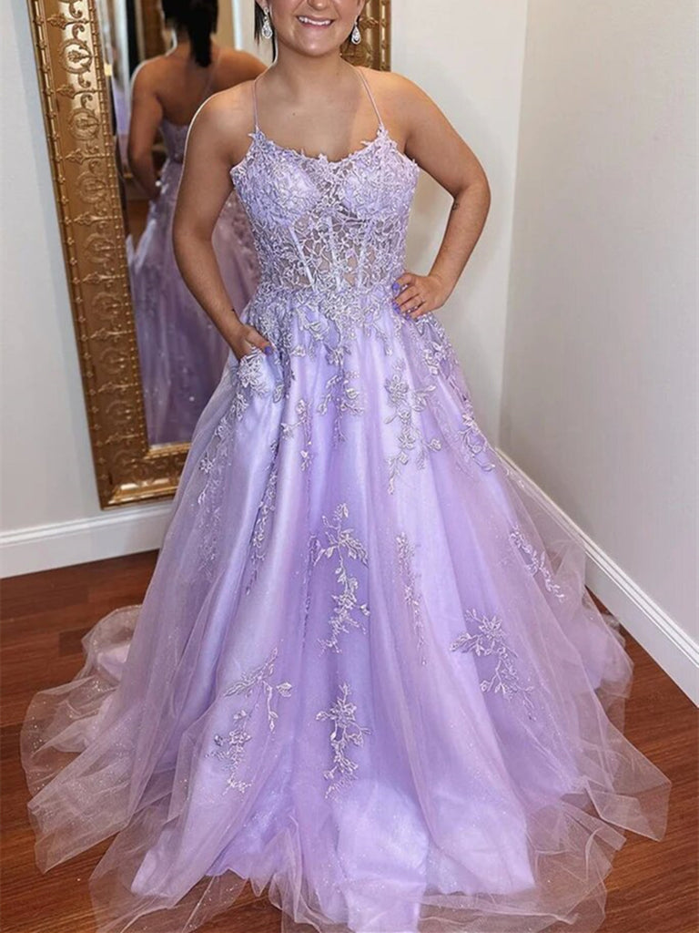 Open Back Purple Lace Tulle Long Prom Dress, Purple Lace Formal Dress, Long Purple Evening Dress