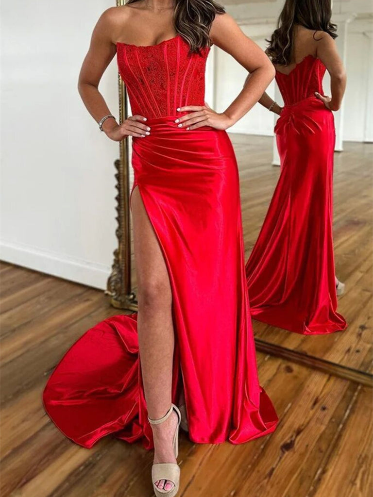 Strapless Mermaid Red Lace Long Prom Dress, Mermaid Red Formal Dress, Red Lace Evening Dress