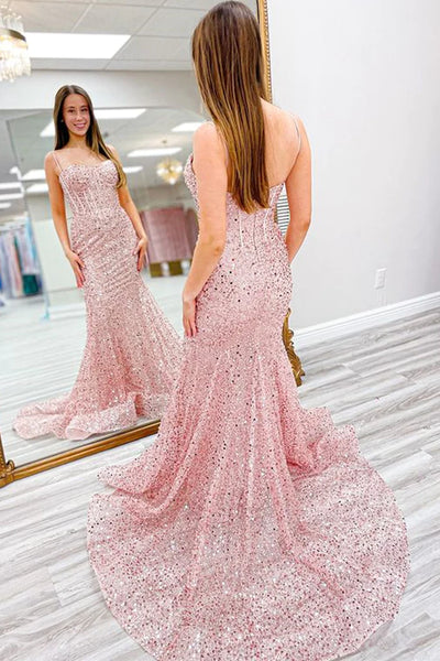 Shiny Sequins Sweetheart Neck Mermaid Pink Long Prom Dress, Mermaid Pink Formal Evening Dress