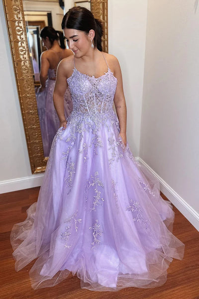 Open Back Purple Lace Tulle Long Prom Dress, Purple Lace Formal Dress, Long Purple Evening Dress