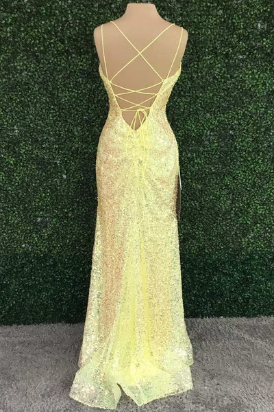 V Neck Mermaid Yellow Sequins Long Prom Dress with High Slit, Mermaid Yellow Formal Graduation Evening Dress