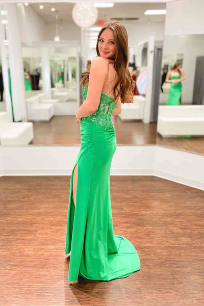 Strapless Mermaid Green Lace Long Prom Dress with High Slit, Mermaid Green Formal Dress, Green Lace Evening Dress