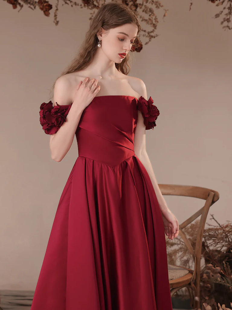 Off Shoulder A Line Burgundy Satin Long Prom Dresses, Burgundy Formal morievent Off Shoulder A Line Burgundy Satin Long Prom Dresses, Burgundy Formal morievent