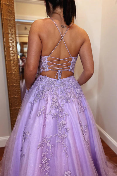 Open Back Purple Lace Tulle Long Prom Dress, Purple Lace Formal Dress, Long Purple Evening Dress