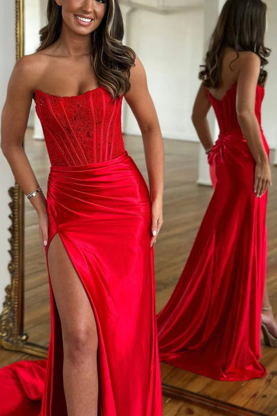 Strapless Mermaid Red Lace Long Prom Dress, Mermaid Red Formal Dress, Red Lace Evening Dress