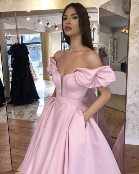 Pink Off Shoulder Long Prom Dresses, Off the Shoulder Pink Ball Gown Formal Graduation Evening Dresses