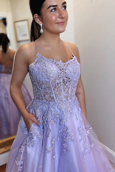 Open Back Purple Lace Tulle Long Prom Dress, Purple Lace Formal Dress, Long Purple Evening Dress