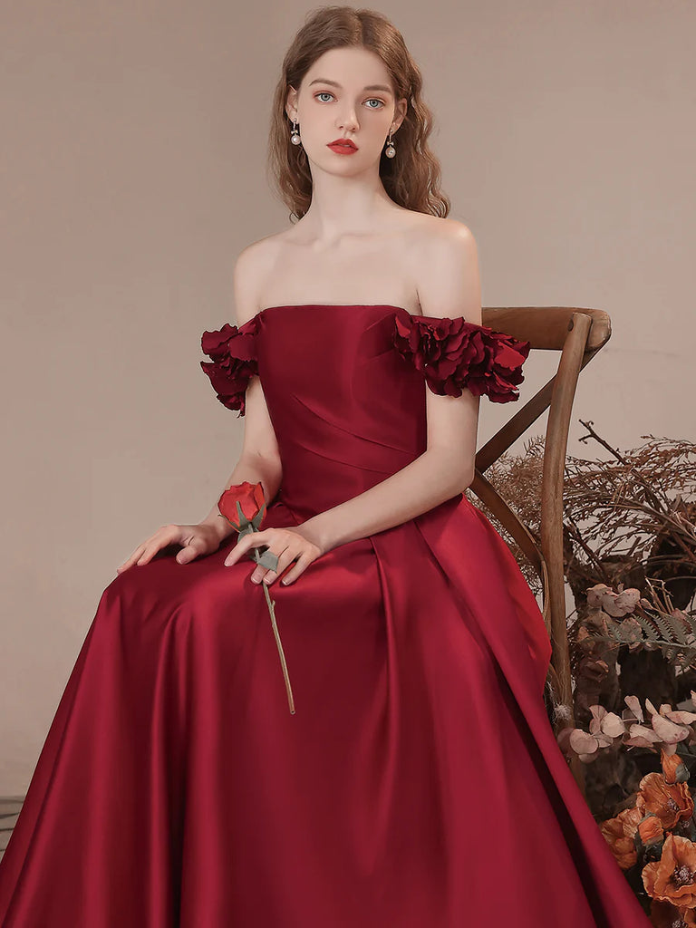 Off Shoulder A Line Burgundy Satin Long Prom Dresses, Burgundy Formal morievent Off Shoulder A Line Burgundy Satin Long Prom Dresses, Burgundy Formal morievent