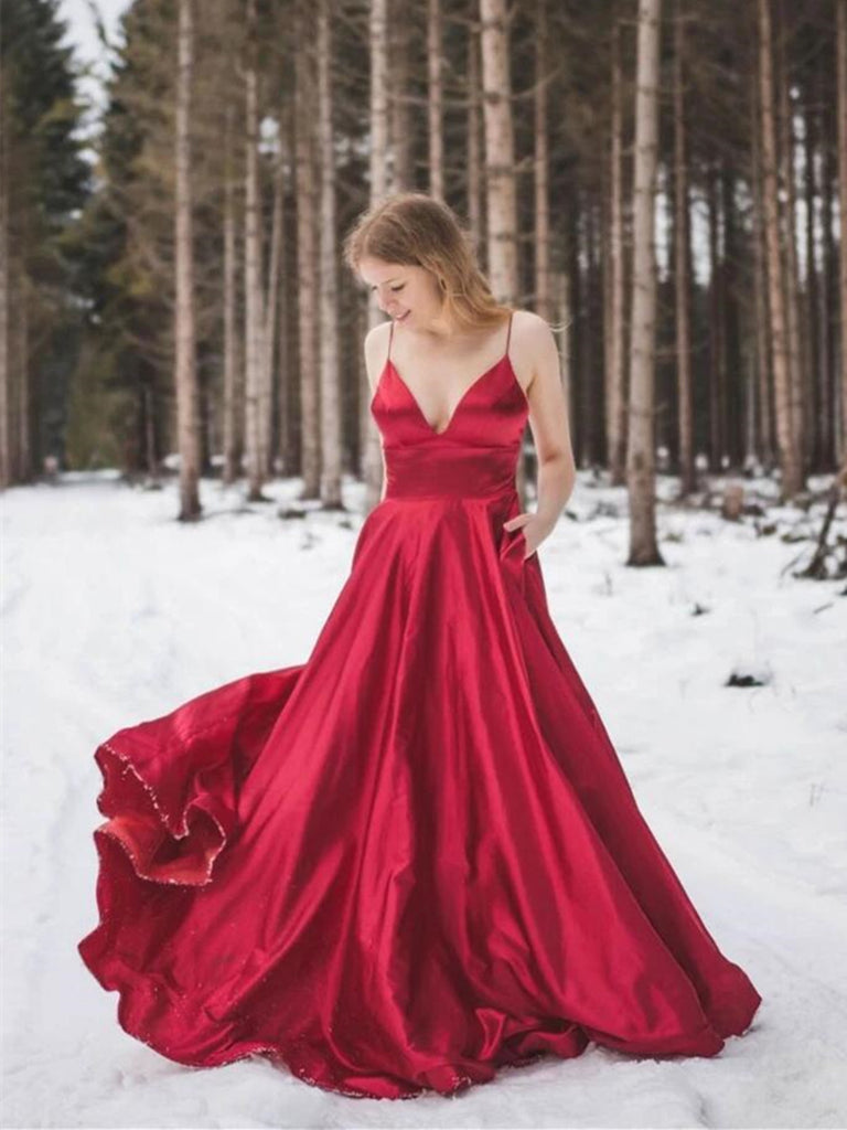 V Neck Red Satin Long Prom Dresses, V Neck Red Satin Long Formal Evening Dresses