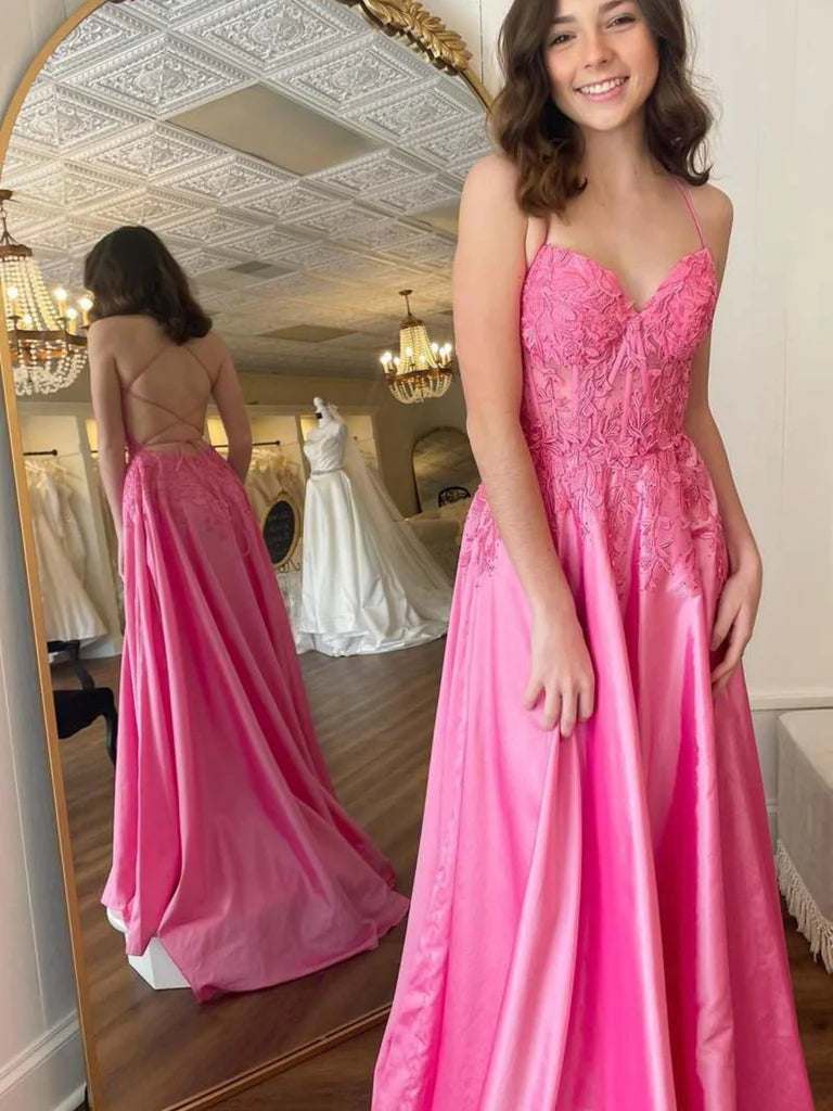 A Line V Neck Backless Pink Lace Long Prom Dresses, Pink Lace Formal Dresses, Pink Evening Dresses