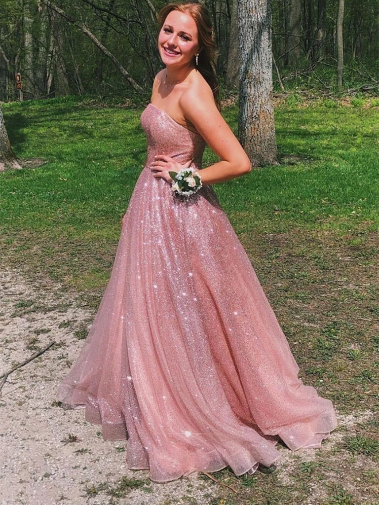 Sweetheart Neck Pink Sequin Tulle Long Prom Dresses, Sweetheart Neck Pink Sequin Tulle Long Formal Evening Dresses