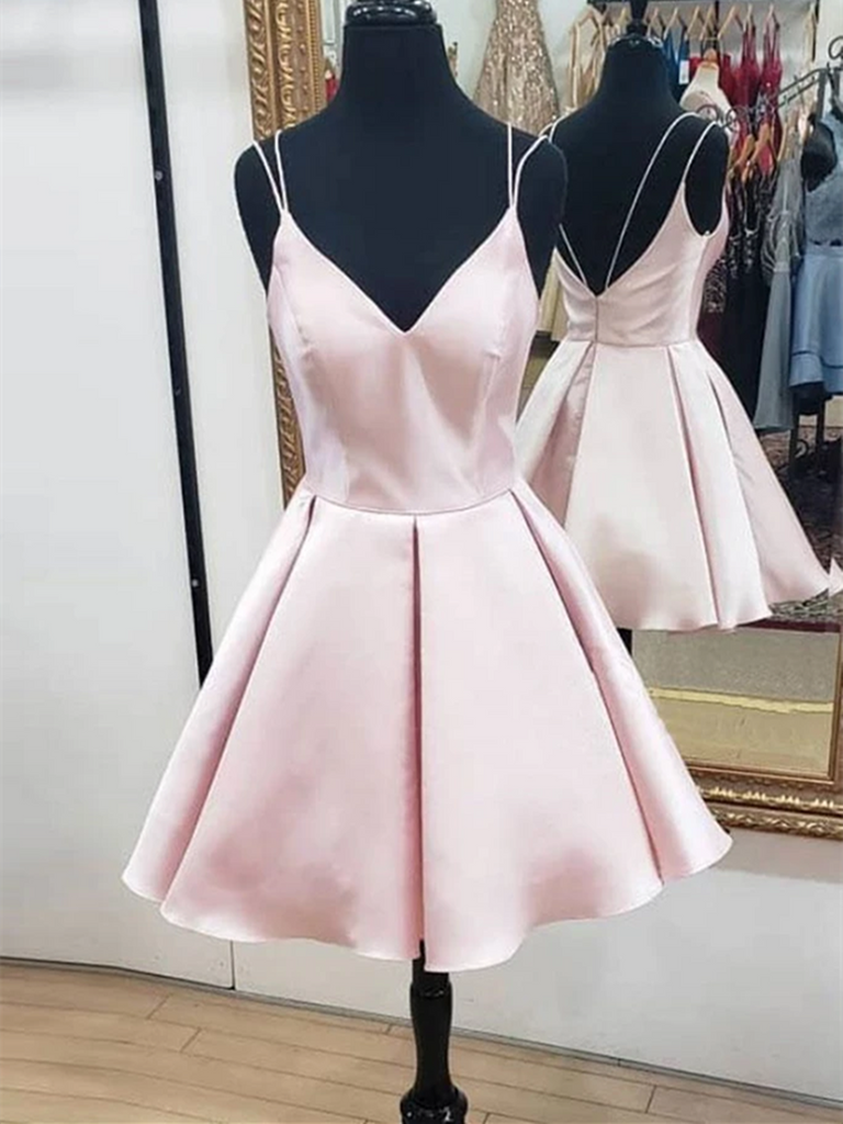 Cute V Neck Open Back Pink Short Prom Dresses, Backless Pink Homecomin morievent Cute V Neck Open Back Pink Short Prom Dresses, Backless Pink Homecomin morievent