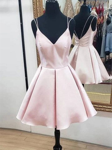 Cute V Neck Open Back Pink Short Prom Dresses, Backless Pink Homecoming Dresses, Short Pink Formal Evening Dresses