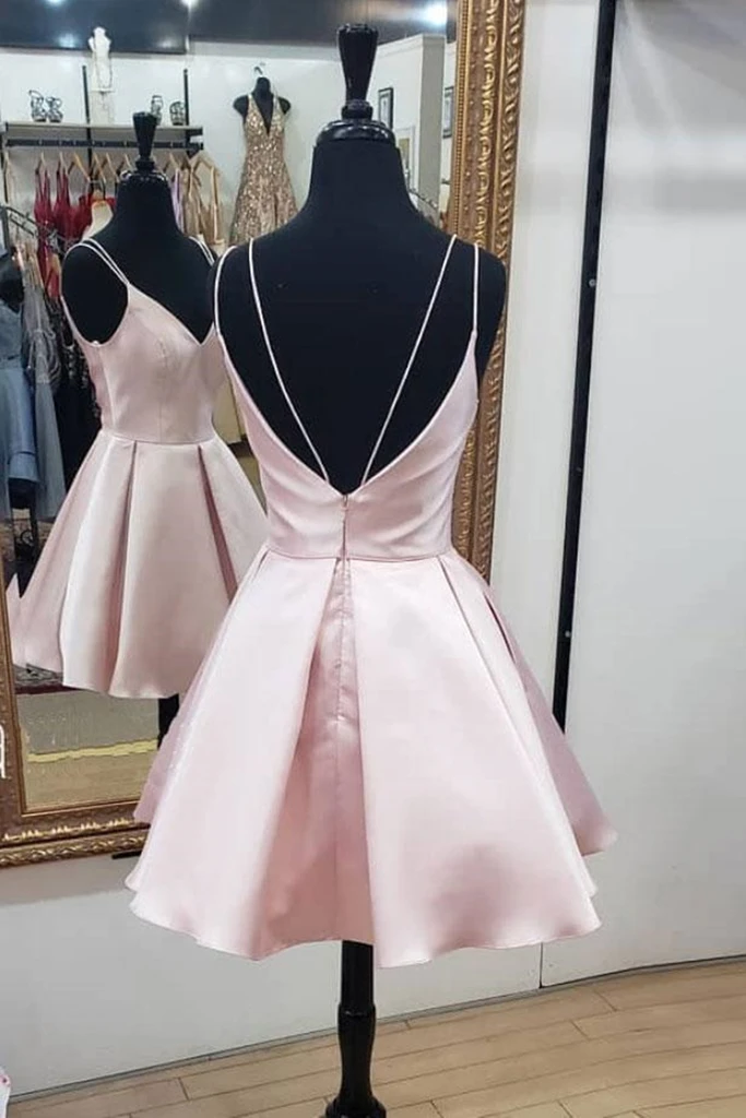 Cute V Neck Open Back Pink Short Prom Dresses, Backless Pink Homecomin morievent Cute V Neck Open Back Pink Short Prom Dresses, Backless Pink Homecomin morievent
