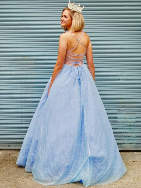 V Neck Light Blue Backless Prom Dresses, V Neck Open Back Light Blue Formal Evening Dresses