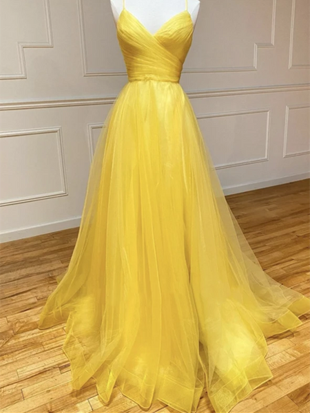 A Line V Neck Yellow Backless Tulle Long Prom Dresses, A Line V Neck Yellow Backless Tulle Long Formal Evening Dresses
